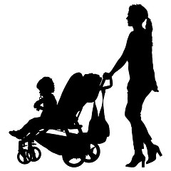 Image showing Black silhouettes Family with pram on white background. illustration