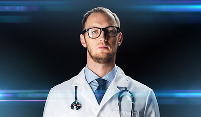 Image showing close up of doctor in white coat with stethoscope