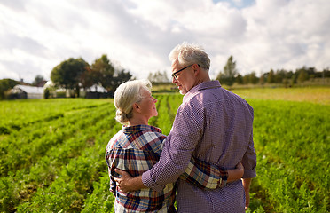 Image showing happy senior couple at summer farm