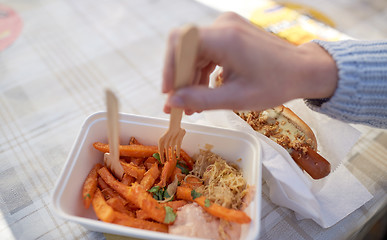 Image showing close up of hand with hot dog and sweet potato