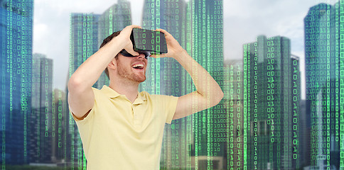 Image showing happy man in virtual reality headset or 3d glasses