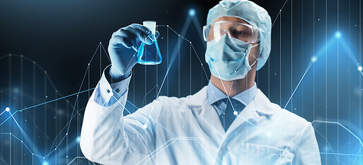 Image showing scientist in mask holding flask with chemical