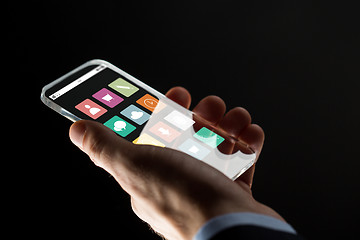 Image showing close up of businessman hand with glass smartphone