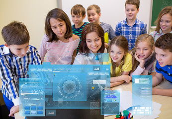 Image showing group of kids with teacher and computer at school