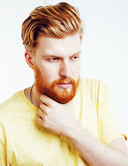 Image showing portrait of young bearded hipster guy smiling on white background close up isolated, lifestyle real modern people concept