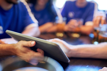 Image showing soccer fans or friends with tablet pc at sport bar