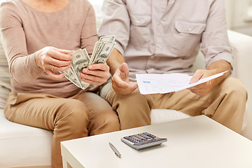 Image showing senior couple with money and calculator at home