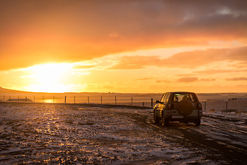 Image showing SUV car during sunset in Iceland
