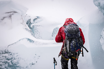 Image showing A person during snow storm at Eyjafjallajokull glacier