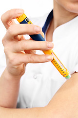 Image showing Diabetes, a woman with diabetes A woman injected insulin in the arm