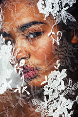 Image showing portrait of beauty young afro woman through white lace, like new