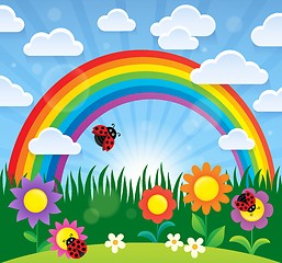 Image showing Spring theme with flowers and rainbow