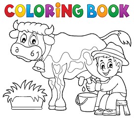 Image showing Coloring book farmer milking cow