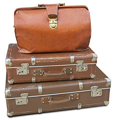 Image showing Old leather bag and two old suitcases isolated on white backgrou