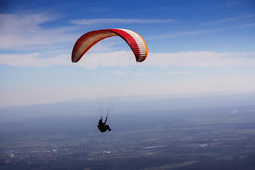 Image showing Paraglider flies in the blue summer sky