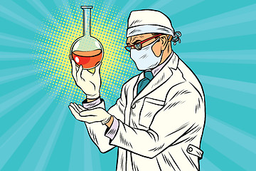 Image showing Scientist in mask analyzes laboratory flask with liquid