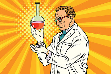 Image showing Scientist chemist analyzes laboratory flask