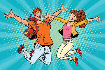 Image showing Love couple young man and woman jumping