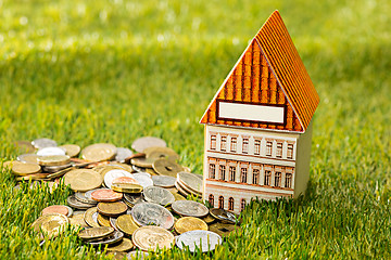 Image showing Plant growing in Coins glass jar for money on green grass