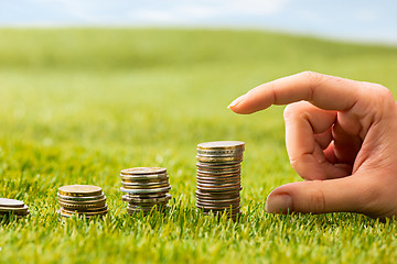 Image showing The columns of coins on grass