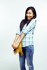 Image showing young pretty asian woman posing cheerful emotional isolated on white background, lifestyle people concept
