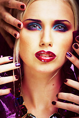 Image showing beauty woman with creative make up, many fingers on face close u