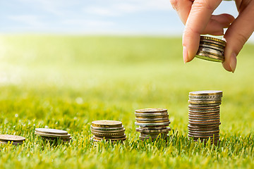 Image showing The columns of coins on grass