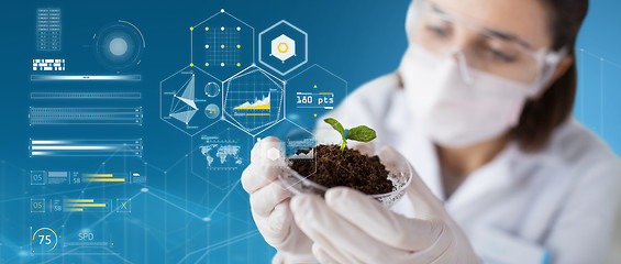 Image showing scientist with plant and soil over virtual charts