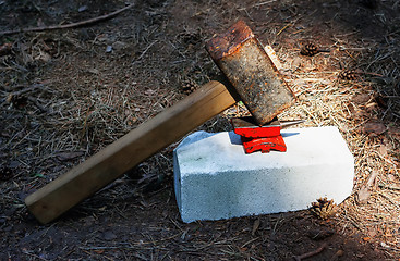 Image showing Toy Small Anvil And Huge Rusty Hammer