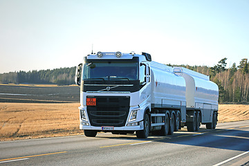 Image showing White Volvo FH Fuel Tank Truck on Spring Evening