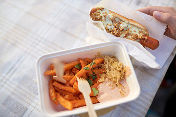 Image showing close up of hand with hot dog and sweet potato