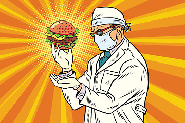 Image showing Scientist nutritionist and Burger fast food