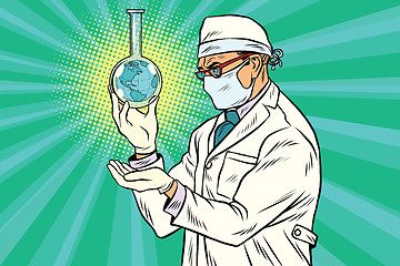 Image showing Scientist environmentalist and Earth in a flask