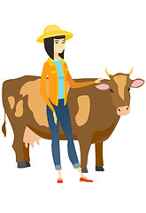 Image showing Farmer standing with crossed arms near cow.