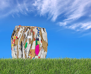 Image showing Pressed boxes made of paperboard on the meadow with blue sky in 