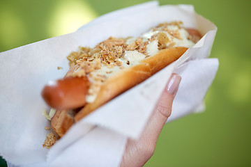 Image showing close up of hand with hot dog