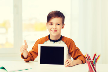 Image showing happy boy with tablet pc showing thumbs up at home