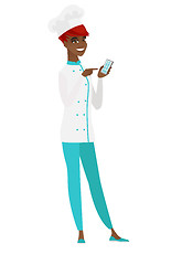 Image showing African-american chef cook holding a mobile phone.