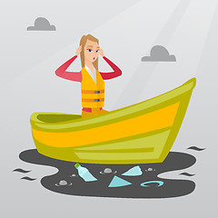 Image showing Woman floating in a boat in polluted water.