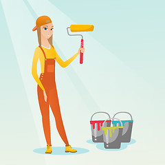 Image showing Painter holding paint roller vector illustration.