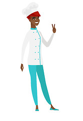 Image showing African-american chef cook showing victory gesture