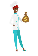 Image showing African-american chef cook holding a money bag.