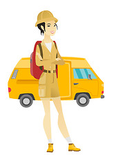 Image showing Traveler standing on the background of minibus.