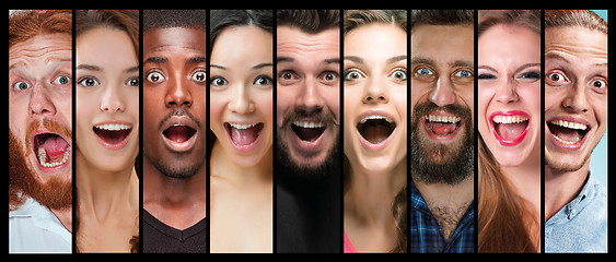 Image showing The collage of young women and men smiling face expressions