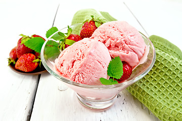 Image showing Ice cream strawberry in glass with mint on board