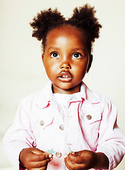 Image showing little cute african american girl playing with animal toys at ho