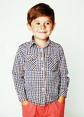 Image showing young pretty little cute boy kid wondering, posing emotional fac