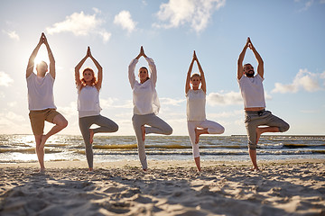 Image showing group of people making yoga in tree pose on beach