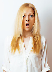 Image showing young blond woman on white backgroung gesture thumbs up, isolate