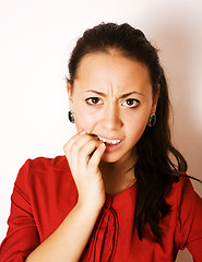 Image showing young pretty brunette woman smiling happy on white background, l